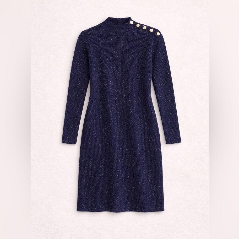 Talbots | Ribbed Button-Shoulder Sweater Dress Mock Neck Speckle Print Preppy